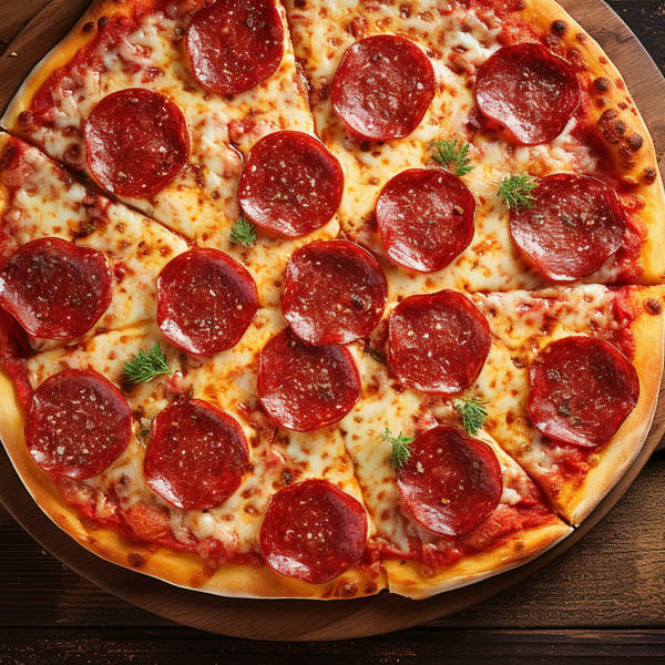 A freshly baked, sliced pepperoni pizza with melted cheese and herbs on a wooden board.