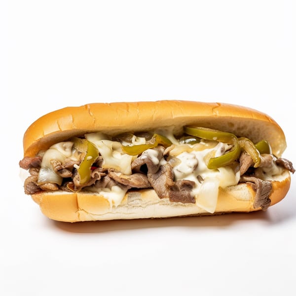A Tommy's Pizza and Pasta cheesesteak with steak, melted cheese, onions, and green peppers on a hoagie roll.